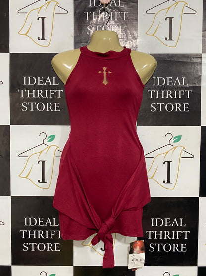 |S| BUST 15| A63| BURGUNDY CROSS-CUTOUT KNOT-DETAIL TECHNICAL UTILITY DRESS