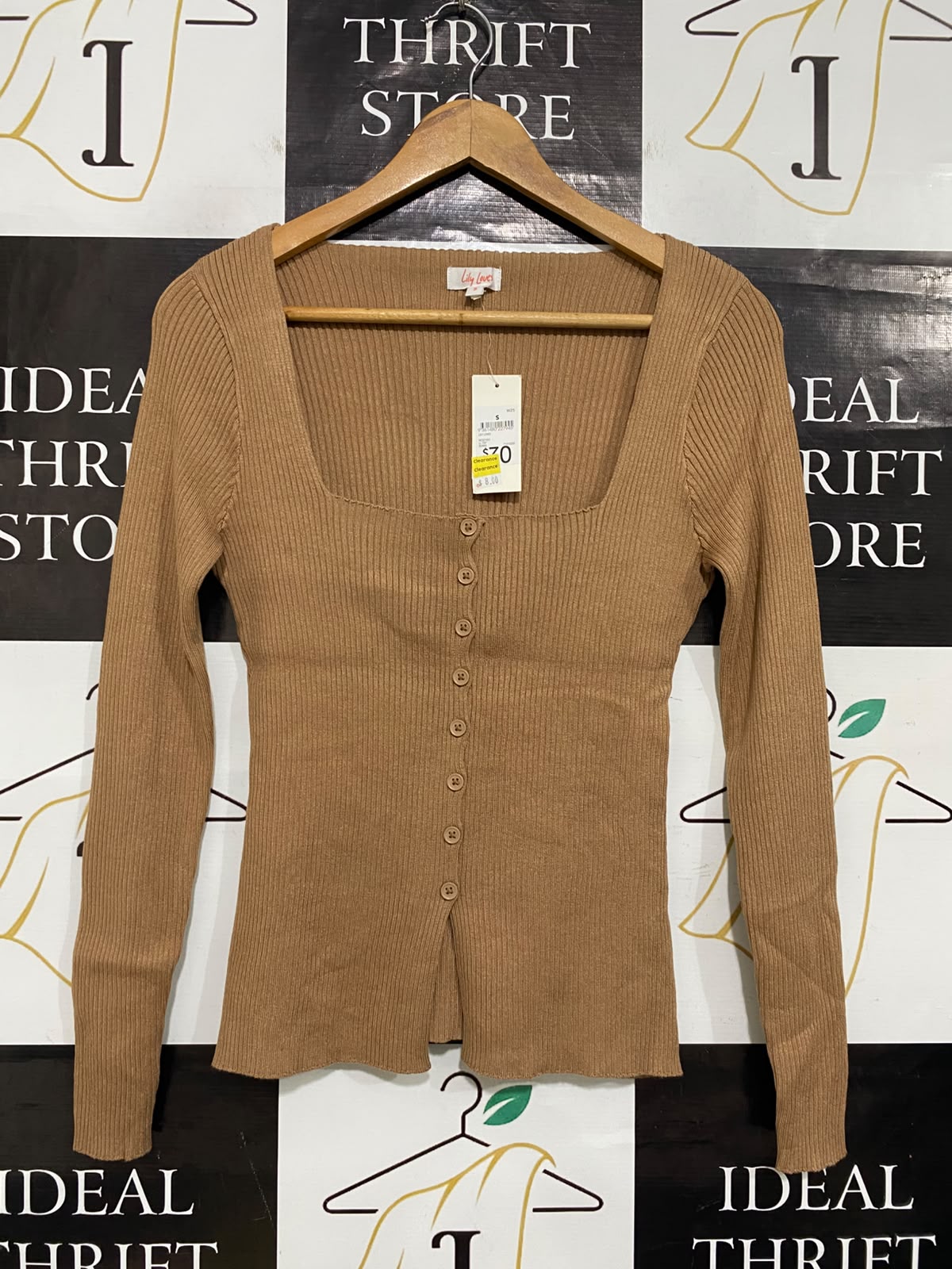 LILY LOVES |S| BUST 15| A63| BROWN SQUARE-NECK RIBBED BUTTON-FRONT TECHNICAL UTILITY CARDIGAN