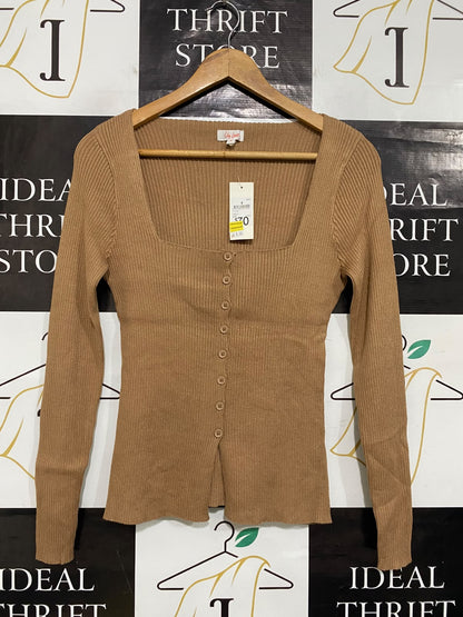 LILY LOVES |S| BUST 15| A63| BROWN SQUARE-NECK RIBBED BUTTON-FRONT TECHNICAL UTILITY CARDIGAN