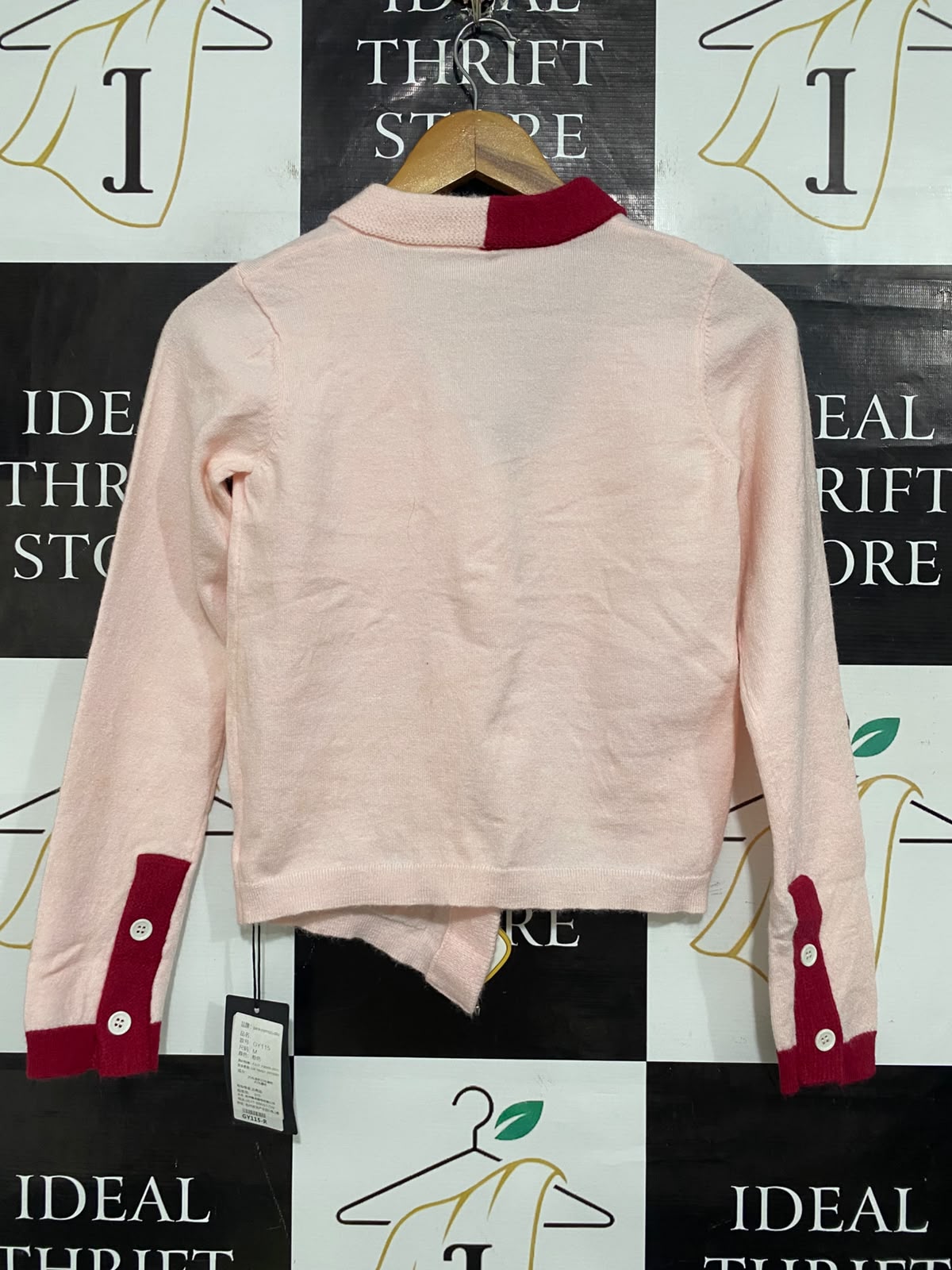 PINKEEN |S| BUST 15| A63| LIGHT PINK AND RED CONTRAST-TRIM ASYMMETRIC TECHNICAL UTILITY CARDIGAN