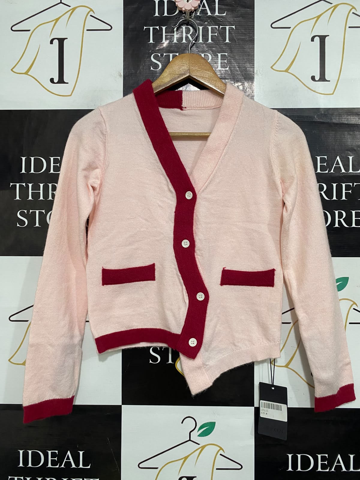 PINKEEN |S| BUST 15| A63| LIGHT PINK AND RED CONTRAST-TRIM ASYMMETRIC TECHNICAL UTILITY CARDIGAN