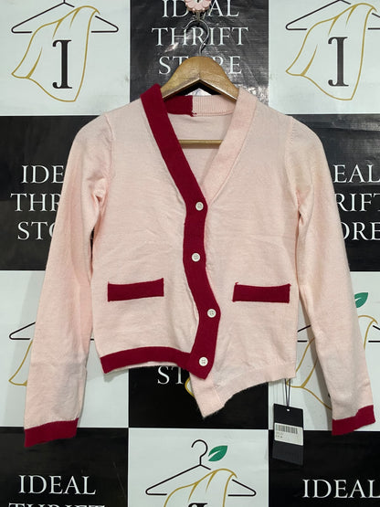 PINKEEN |S| BUST 15| A63| LIGHT PINK AND RED CONTRAST-TRIM ASYMMETRIC TECHNICAL UTILITY CARDIGAN