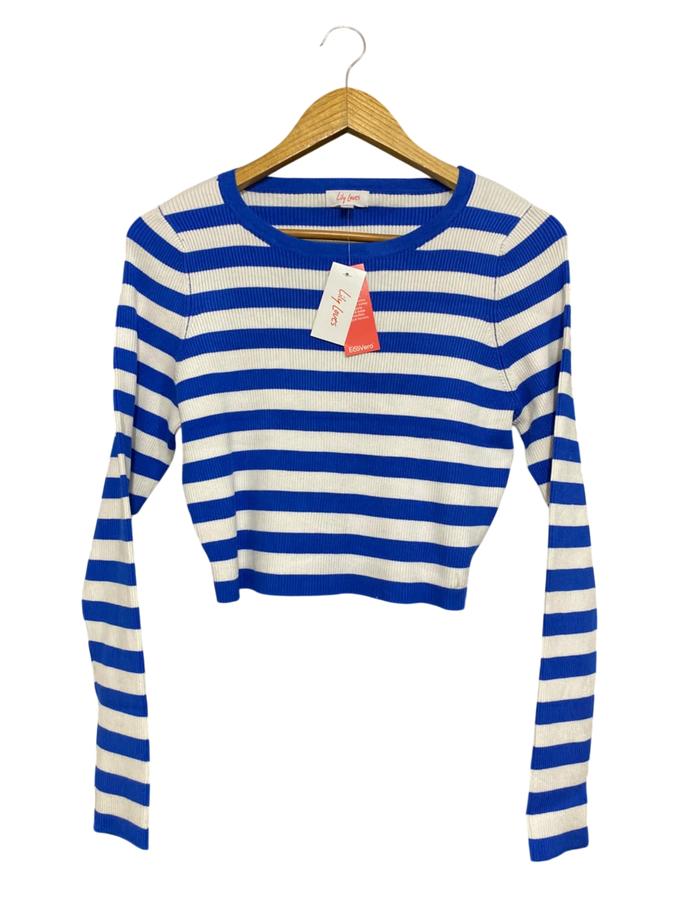 LILY LOVES |S| BUST 16| A64| BLUE AND WHITE STRIPED CREWNECK LONG-SLEEVE TECHNICAL UTILITY CROP TOP