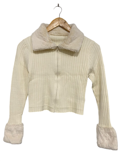 CIDER |S| BUST 14|A64| OFF-WHITE FUR-TRIM FULL-ZIP RIBBED TECHNICAL UTILITY CROP SWEATER