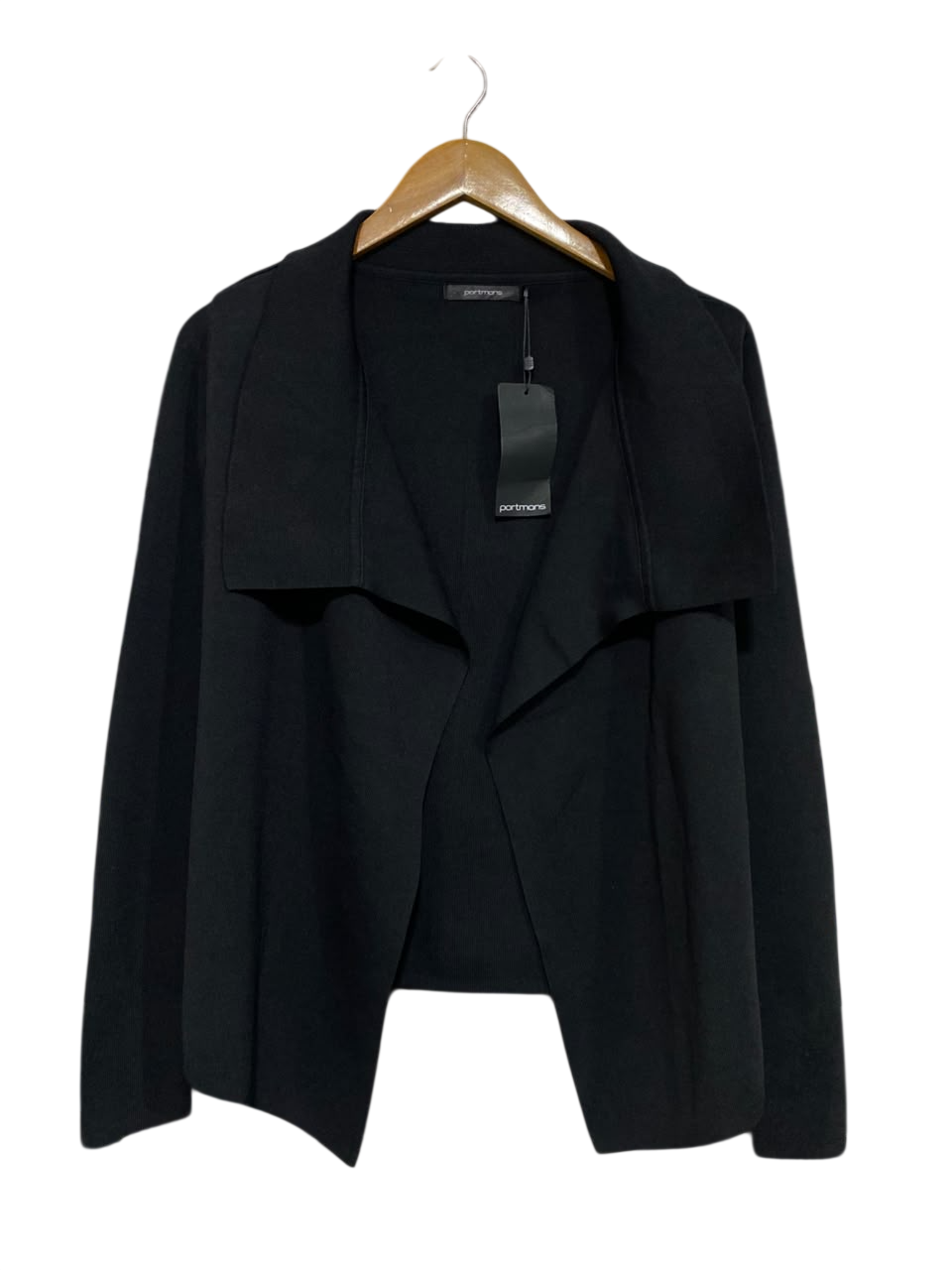 PORTMAN |M| BUST 18| A64| BLACK DRAPE-COLLAR OPEN-FRONT TECHNICAL UTILITY CARDIGAN