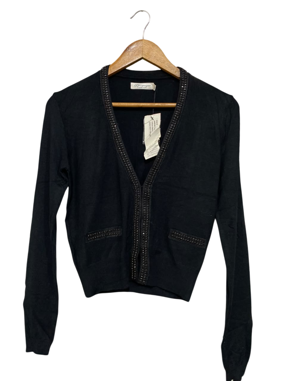SPICYSUGAR |S| BUST 16| A64| BLACK EMBELLISHED-TRIM V-NECK TECHNICAL UTILITY CARDIGAN