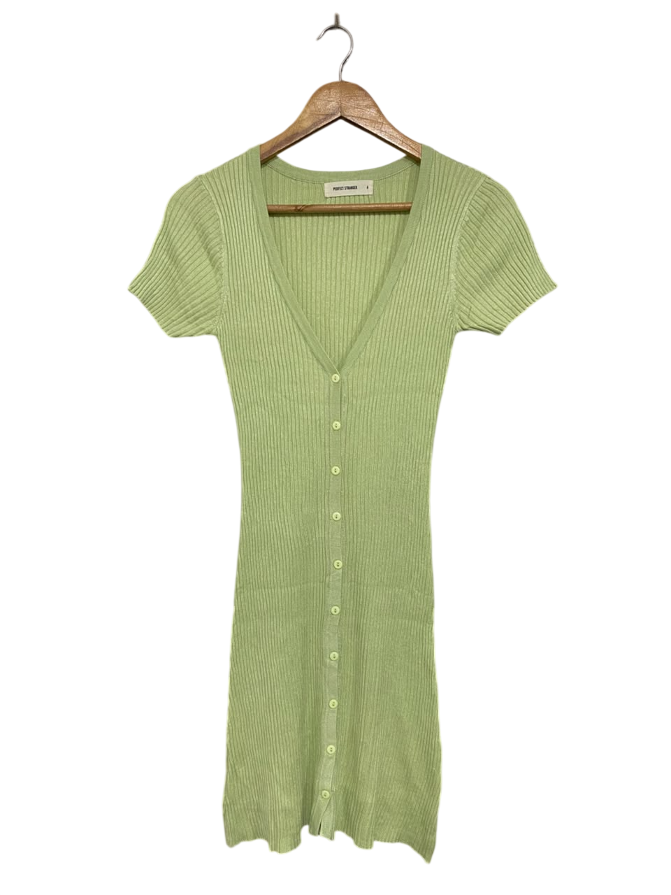 PERFECT STRANGER |XS| BUST 12| A64| SAGE GREEN RIBBED V-NECK BUTTON-FRONT TECHNICAL UTILITY MINI DRESS
