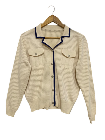 |M| BUST 20| A64| BEIGE AND BLUE CONTRAST-TRIM COLLARED TECHNICAL UTILITY CARDIGAN