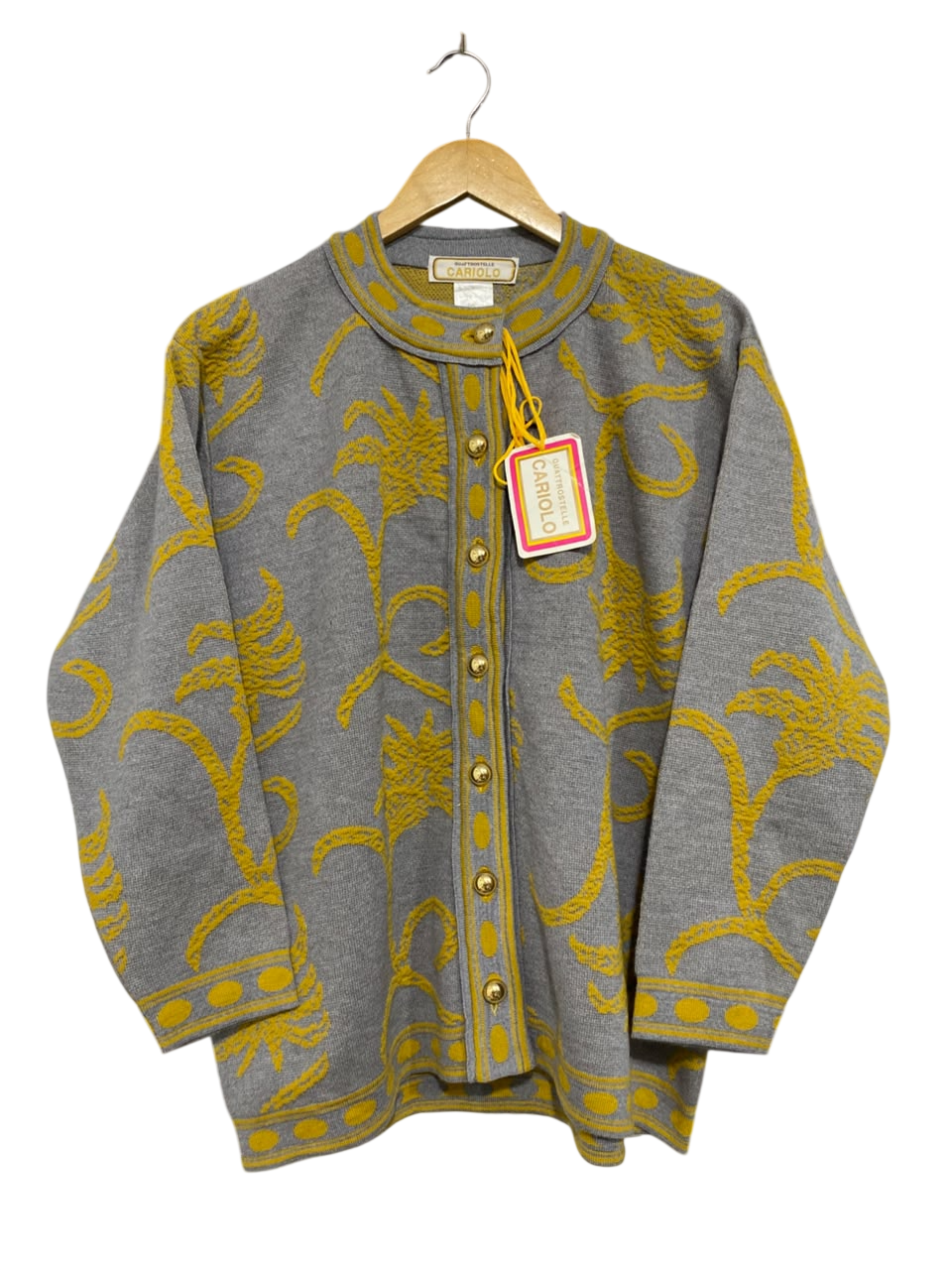 CARIOLO |M| BUST 23| A64| GREY AND MUSTARD FLORAL-PATTERN BUTTON-FRONT TECHNICAL UTILITY CARDIGAN