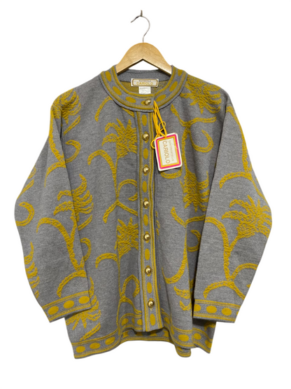 CARIOLO |M| BUST 23| A64| GREY AND MUSTARD FLORAL-PATTERN BUTTON-FRONT TECHNICAL UTILITY CARDIGAN
