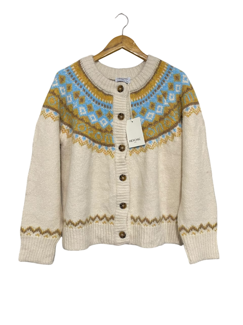 HEYCHIC |M| BUST 23| A64| BEIGE FAIR ISLE PATTERN BUTTON-FRONT TECHNICAL UTILITY CARDIGAN