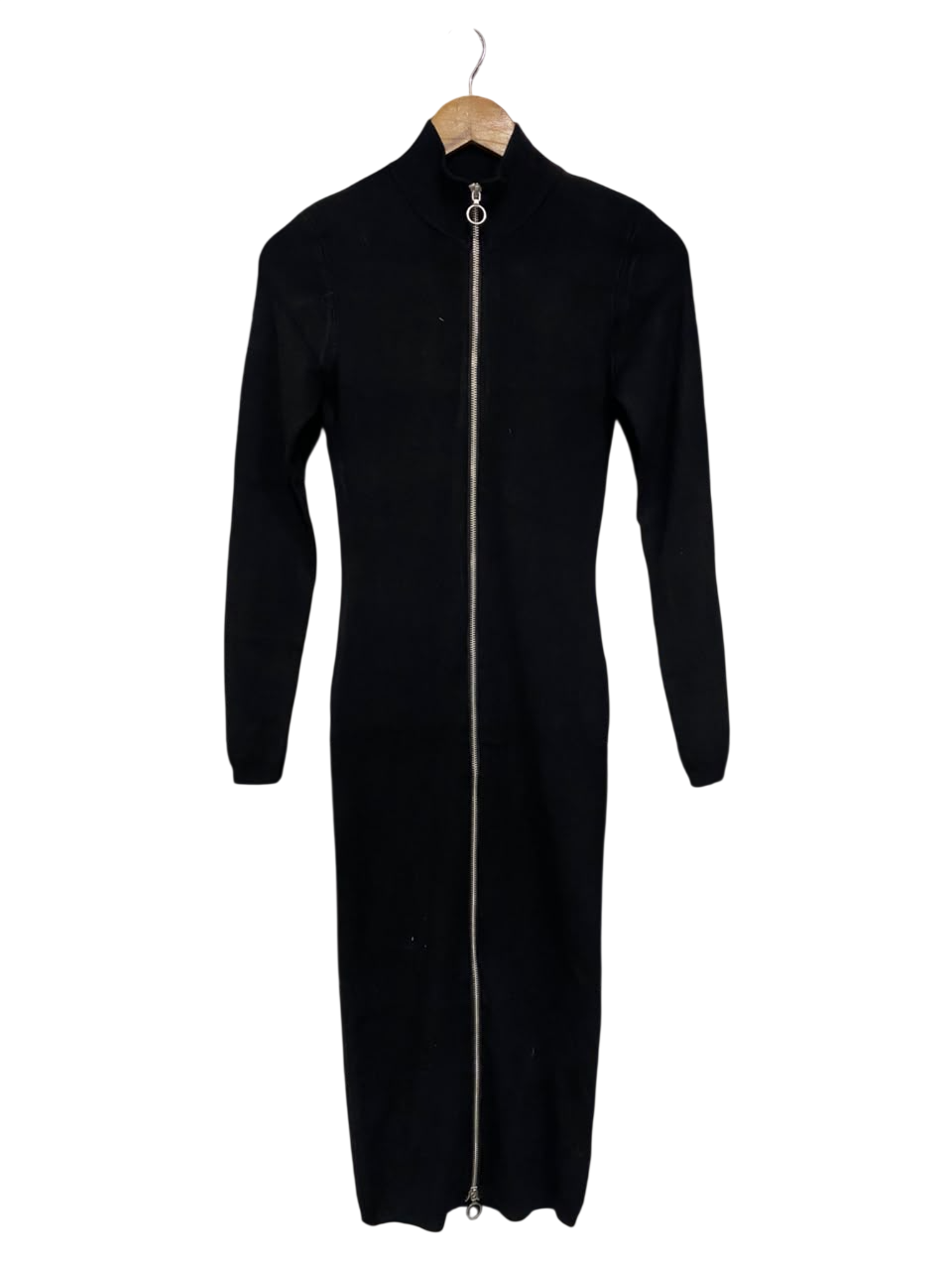 GLASSONS |S| BUST 14| A64| BLACK FULL-ZIP STAND-COLLAR LONG-SLEEVE TECHNICAL UTILITY MIDI DRESS