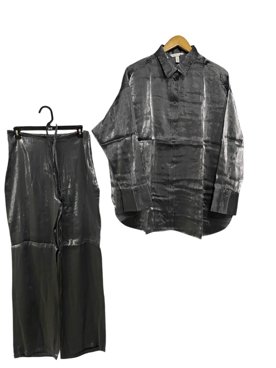 H&M |M| A64| METALLIC CHARCOAL GREY SHIRT AND WIDE-LEG PANT TECHNICAL UTILITY TWO-PIECE SET