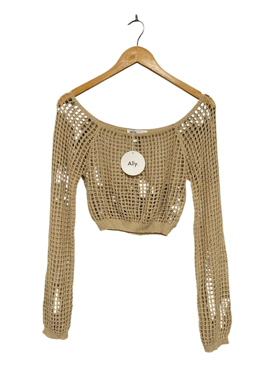 ALLY |M| BUST 14| A64| BEIGE OPEN-KNIT BOAT-NECK TECHNICAL UTILITY CROP TOP