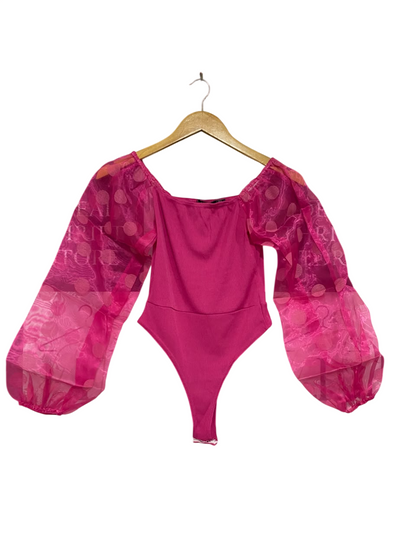 BOOHOO |XS| BUST 13| A64| MAGENTA RIBBED-BODICE SHEER SPOT-SLEEVE TECHNICAL UTILITY BODYSUIT