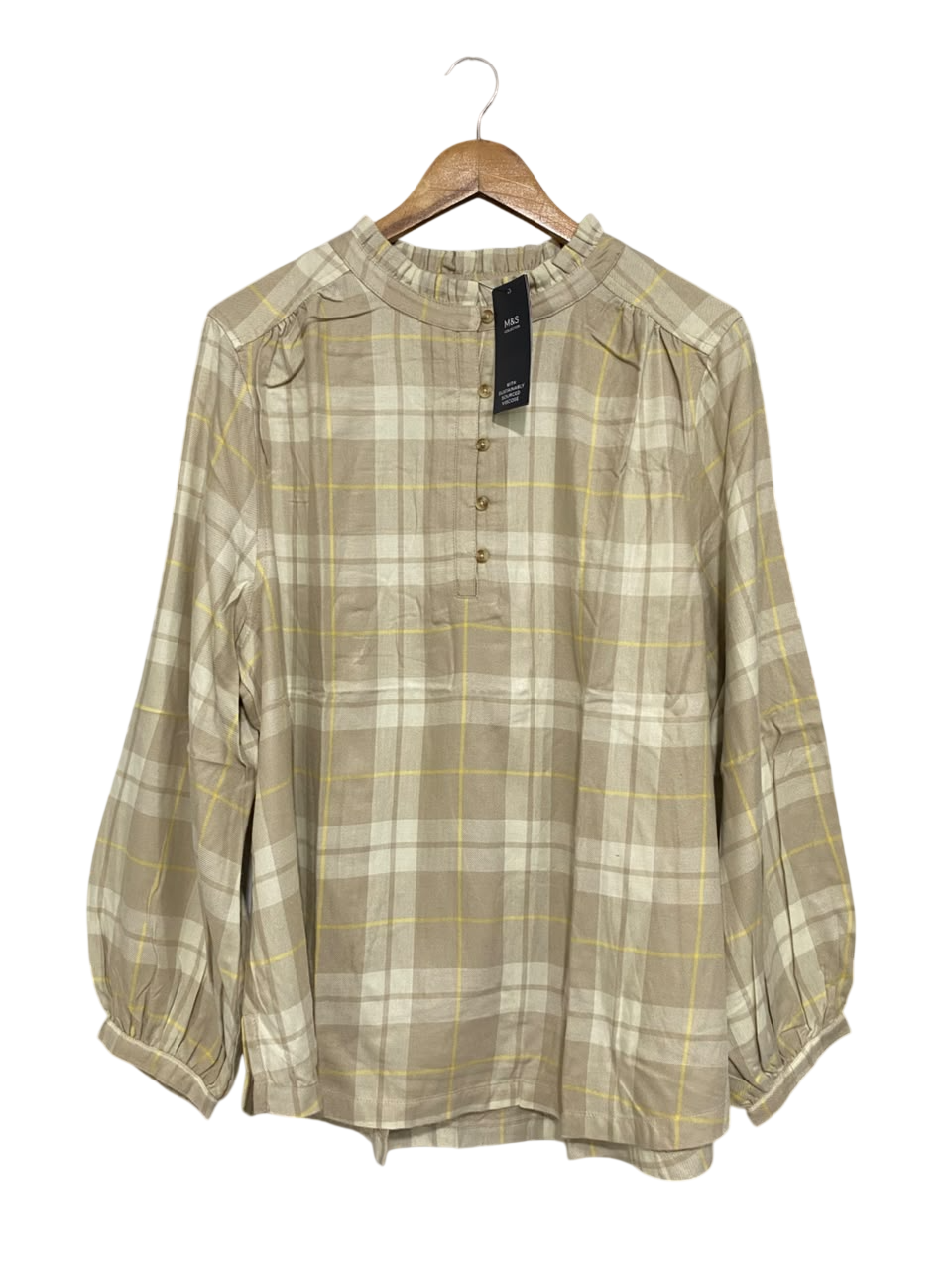 M&S |XL| BUST 23| A65| NEUTRAL PLAID RUFFLE-COLLAR TECHNICAL UTILITY SHIRT