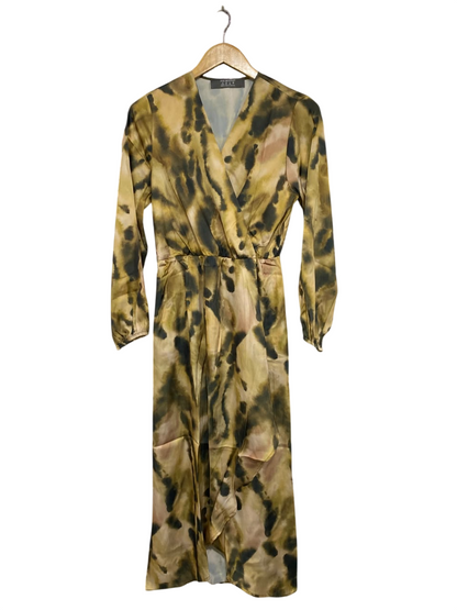 PRIMARK |S| BUST 16| A65| OLIVE AND BROWN ABSTRACT-PRINT WRAP-FRONT TECHNICAL UTILITY MIDI DRESS