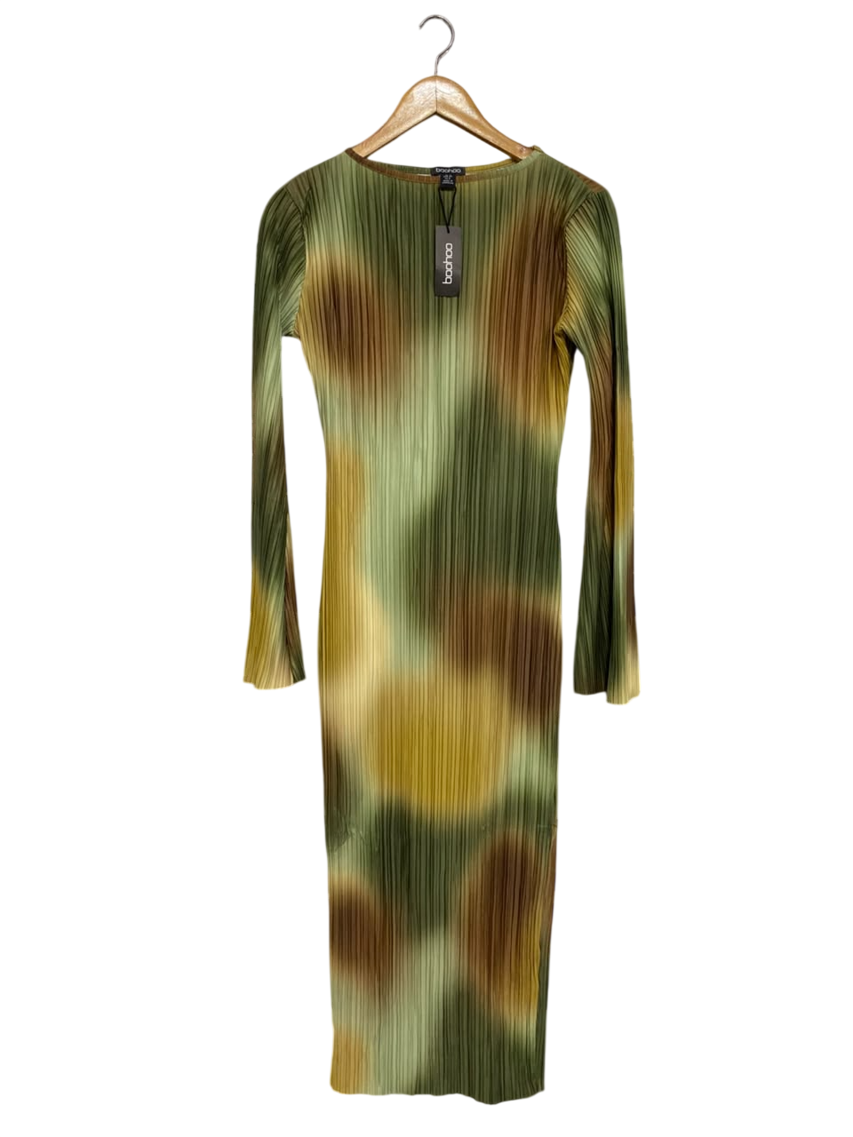 BOOHOO |S| BUST 17| A65| OLIVE AND BROWN ABSTRACT-PRINT PLISSE TECHNICAL UTILITY MIDI DRESS