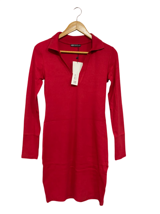 ZARA |M| BUST 15| A65| RED POLO-COLLAR RIBBED  DRESS