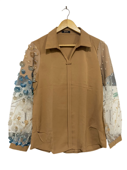 FOCUS |M| BUST 20| A65| CAMEL 3D FLORAL MESH-SLEEVE TECHNICAL UTILITY SHIRT