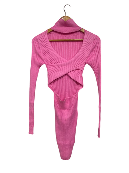 LIONESS |XS| BUST 12| A65| PINK CROSSOVER-NECK RIBBED TECHNICAL UTILITY DRESS