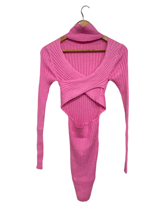 LIONESS |XS| BUST 12| A65| PINK CROSSOVER-NECK RIBBED DRESS