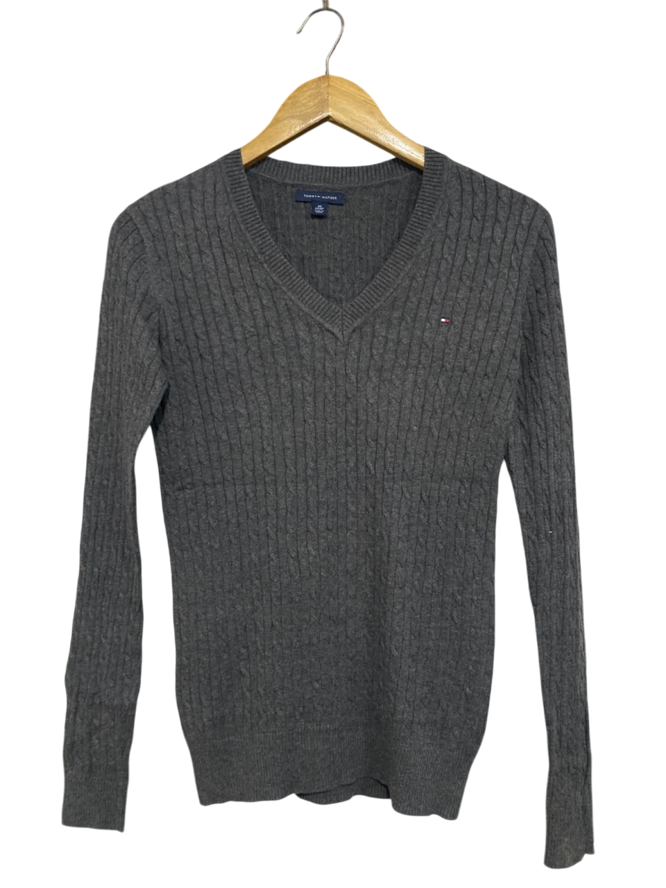 TOMMY HILFIGER |XS| BUST 17| A65| DARK GREY CABLE-KNIT V-NECK TECHNICAL UTILITY SWEATER