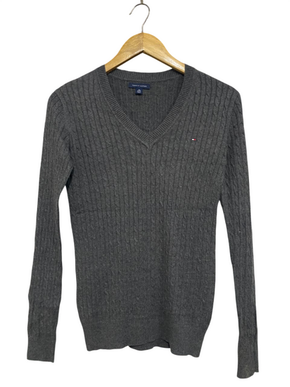 TOMMY HILFIGER |XS| BUST 17| A65| DARK GREY CABLE-KNIT V-NECK TECHNICAL UTILITY SWEATER