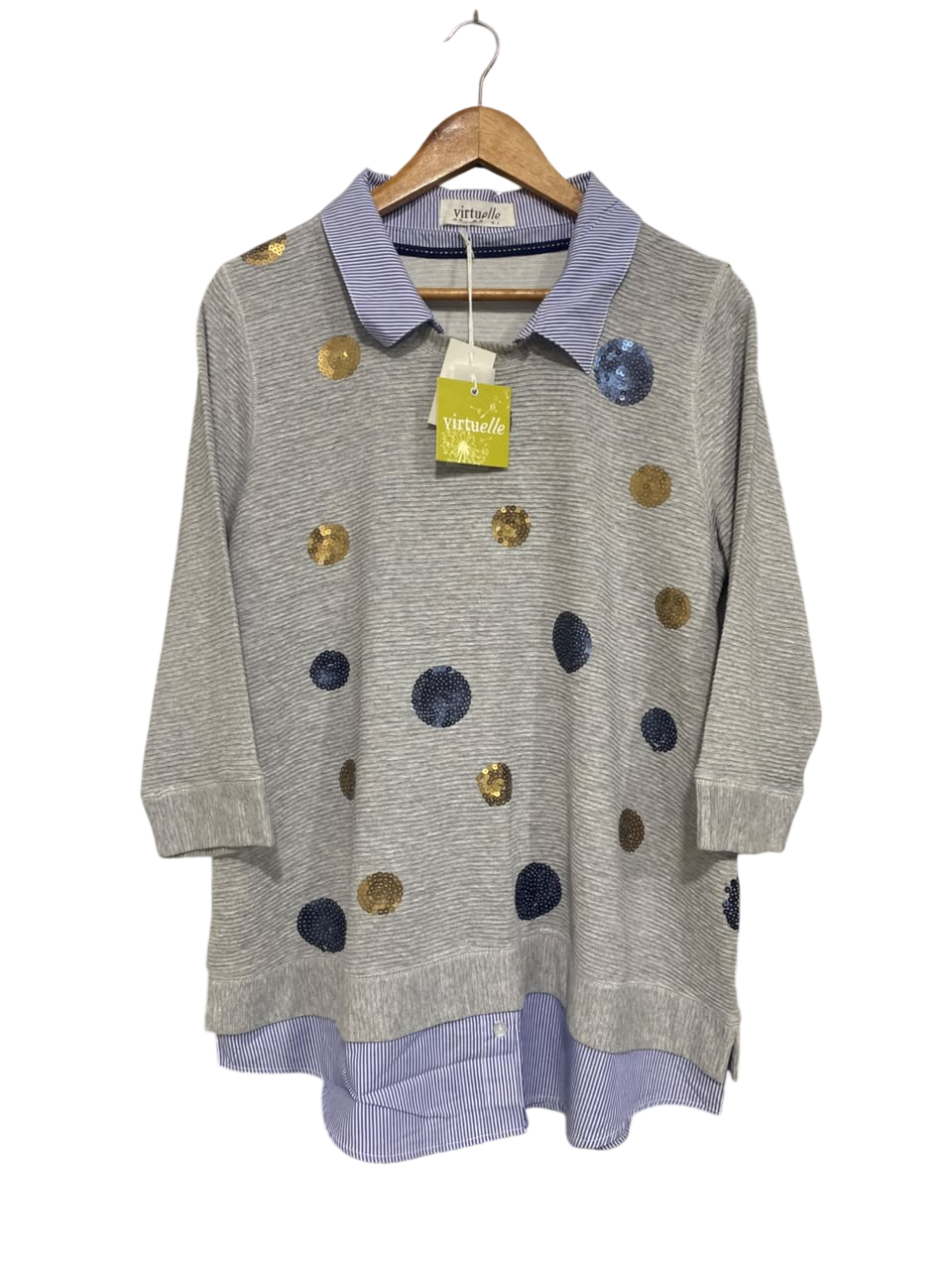 VIRTUELLE |S| BUST 21| A65| GREY SEQUIN-POLKA-DOT LAYERED TECHNICAL UTILITY TOP