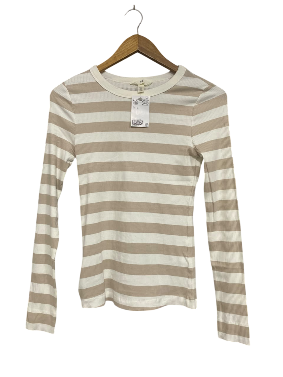 H&M |M| BUST 15| A65| BEIGE AND WHITE STRIPED RIBBED TECHNICAL UTILITY LONG-SLEEVE TOP