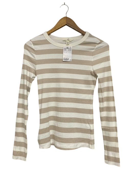 H&M |M| BUST 15| A65| BEIGE AND WHITE STRIPED RIBBED LONG-SLEEVE TOP