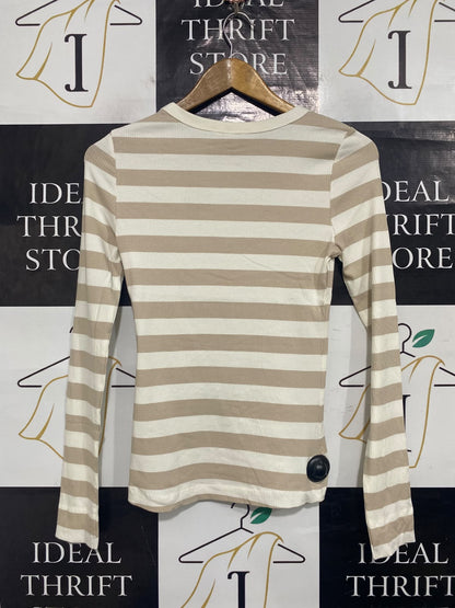 H&M |M| BUST 15| A65| BEIGE AND WHITE STRIPED RIBBED TECHNICAL UTILITY LONG-SLEEVE TOP
