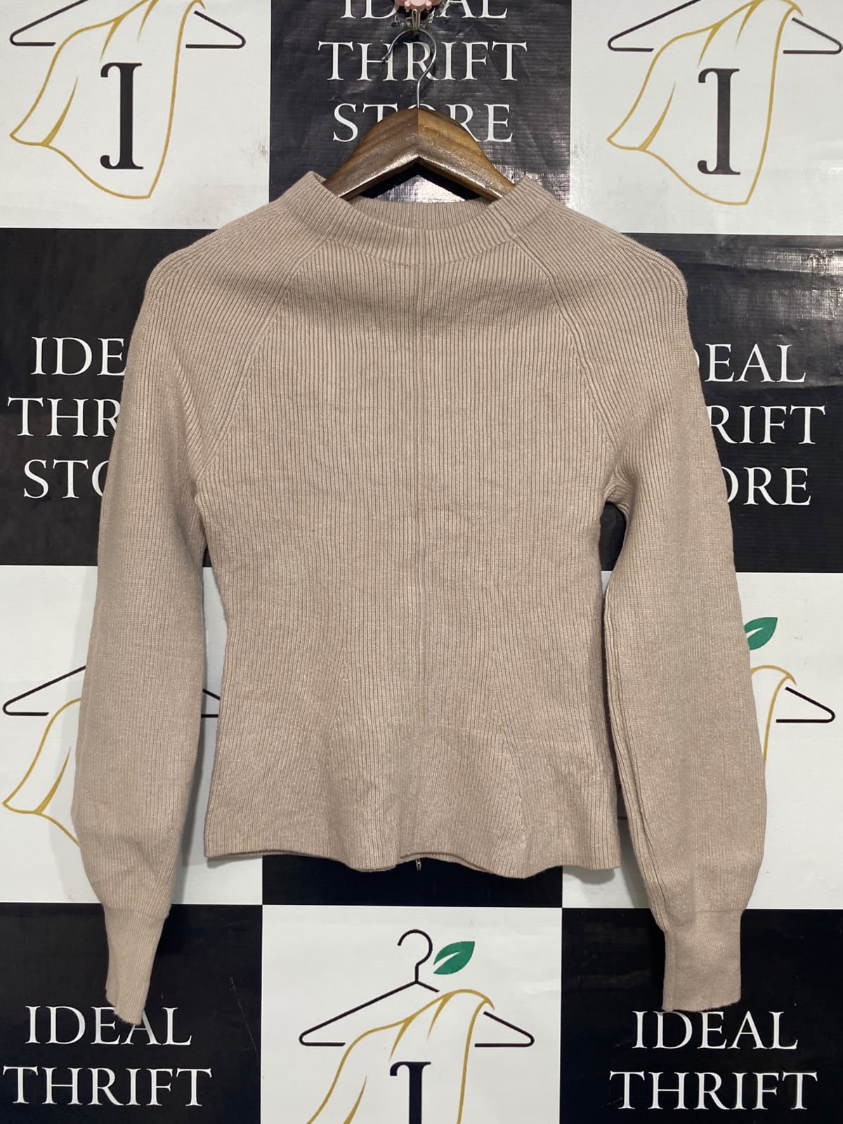 PORTMANS |S| BUST 15| A65| BEIGE MOCK-NECK RIBBED TECHNICAL UTILITY SWEATER