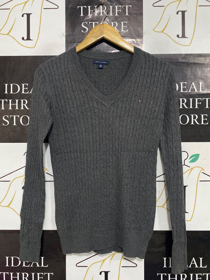 TOMMY HILFIGER |XS| BUST 17| A65| DARK GREY CABLE-KNIT V-NECK TECHNICAL UTILITY SWEATER