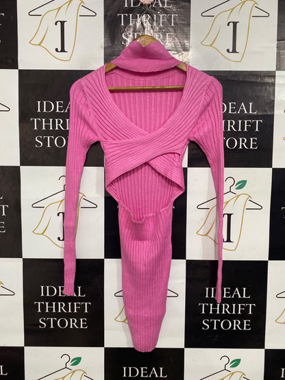 LIONESS |XS| BUST 12| A65| PINK CROSSOVER-NECK RIBBED TECHNICAL UTILITY DRESS