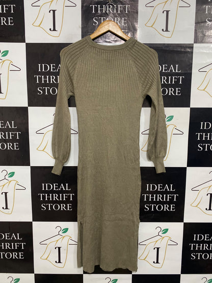 ANKO |XS| BUST 14| A65| OLIVE CREWNECK RIBBED TECHNICAL UTILITY MIDI DRESS
