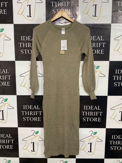 ANKO |XS| BUST 14| A65| OLIVE CREWNECK RIBBED TECHNICAL UTILITY MIDI DRESS