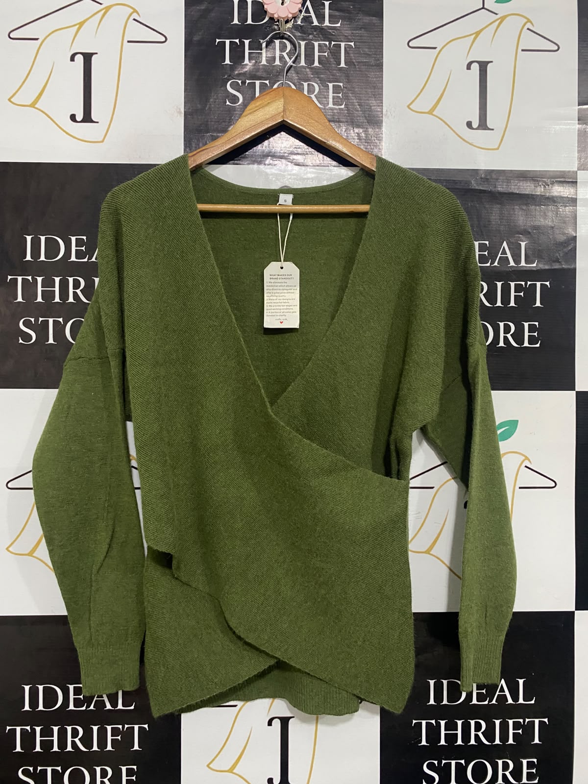 MODE WITH |S| BUST 18| A65| OLIVE CROSSOVER WRAP-FRONT RIBBED TECHNICAL UTILITY SWEATER