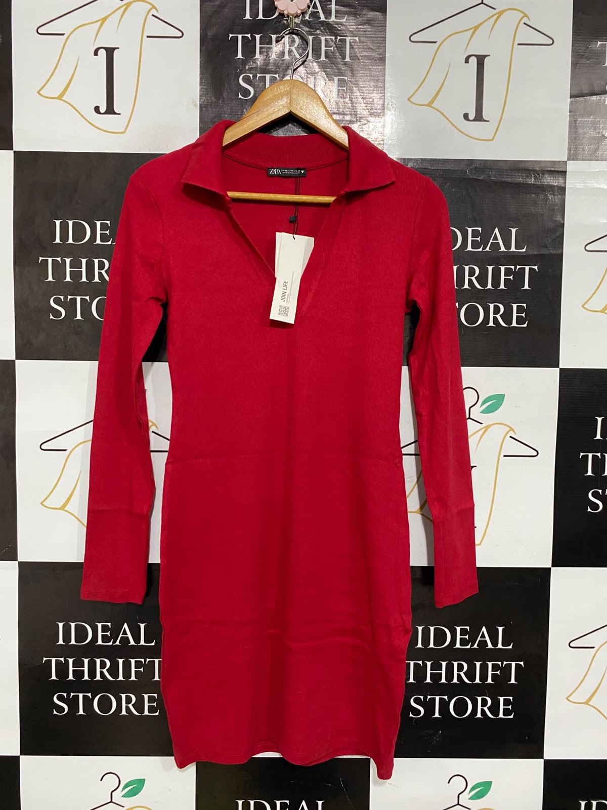 ZARA |M| BUST 15| A65| RED POLO-COLLAR RIBBED TECHNICAL UTILITY DRESS