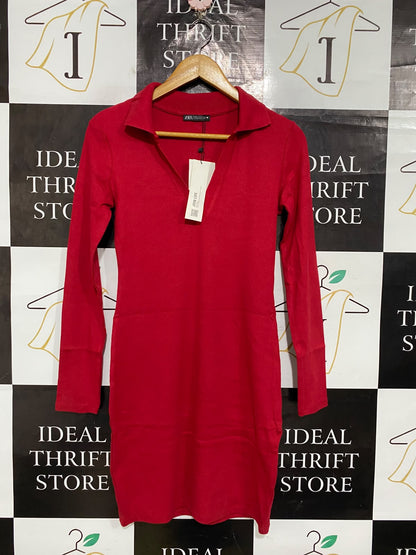ZARA |M| BUST 15| A65| RED POLO-COLLAR RIBBED TECHNICAL UTILITY DRESS