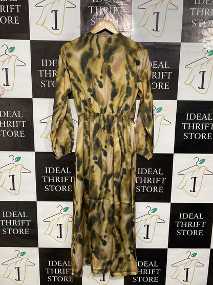 PRIMARK |S| BUST 16| A65| OLIVE AND BROWN ABSTRACT-PRINT WRAP-FRONT TECHNICAL UTILITY MIDI DRESS