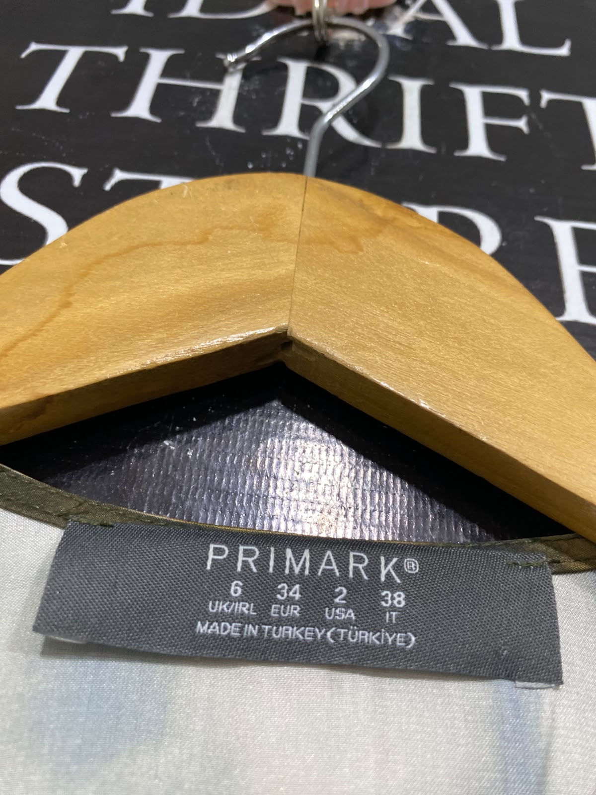 PRIMARK |S| BUST 16| A65| OLIVE AND BROWN ABSTRACT-PRINT WRAP-FRONT TECHNICAL UTILITY MIDI DRESS