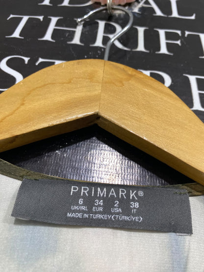 PRIMARK |S| BUST 16| A65| OLIVE AND BROWN ABSTRACT-PRINT WRAP-FRONT TECHNICAL UTILITY MIDI DRESS