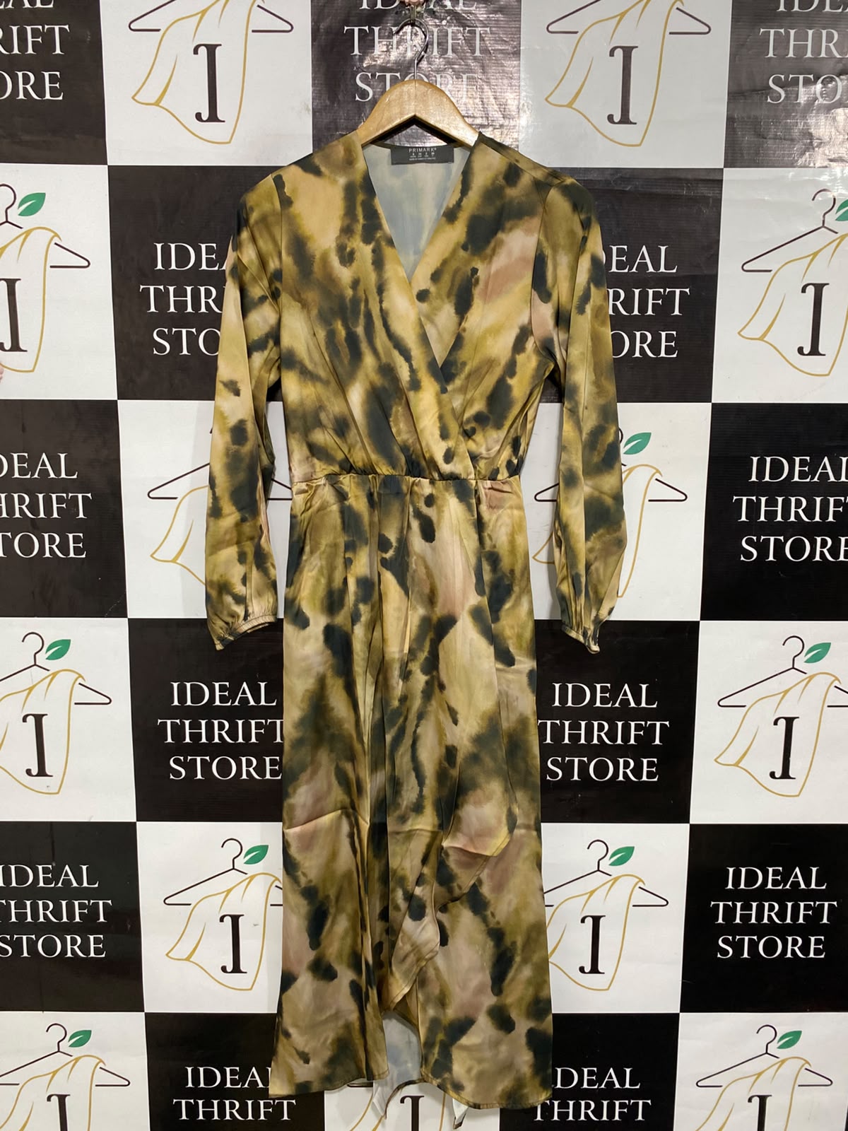 PRIMARK |S| BUST 16| A65| OLIVE AND BROWN ABSTRACT-PRINT WRAP-FRONT TECHNICAL UTILITY MIDI DRESS