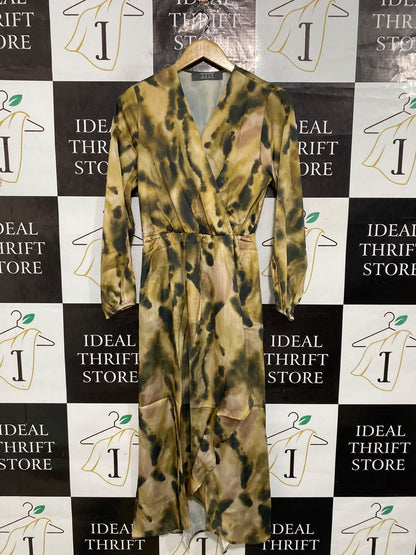 PRIMARK |S| BUST 16| A65| OLIVE AND BROWN ABSTRACT-PRINT WRAP-FRONT TECHNICAL UTILITY MIDI DRESS