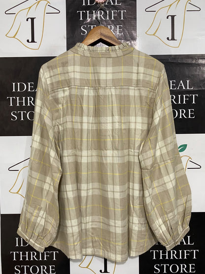 M&S |XL| BUST 23| A65| NEUTRAL PLAID RUFFLE-COLLAR TECHNICAL UTILITY SHIRT
