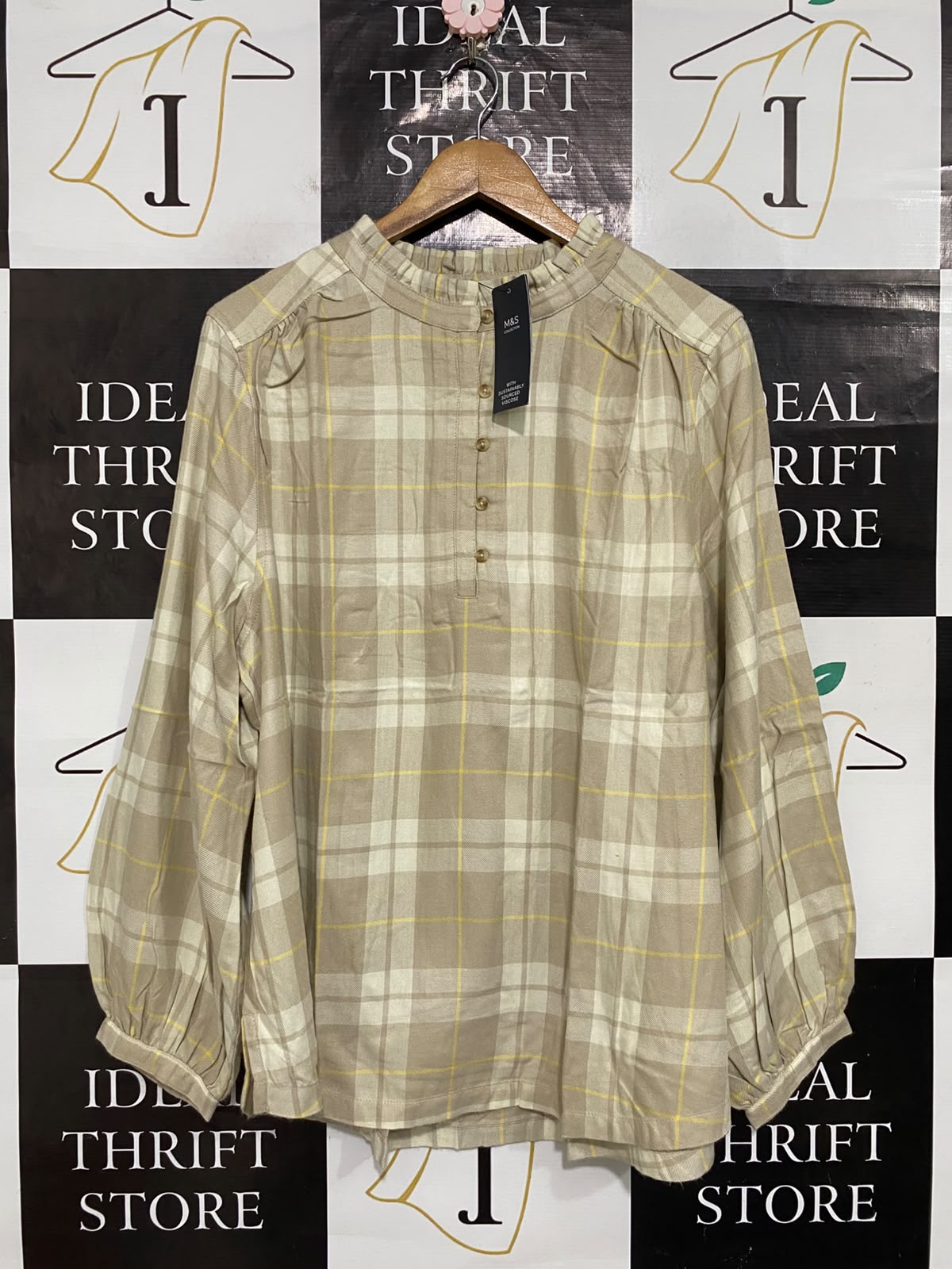 M&S |XL| BUST 23| A65| NEUTRAL PLAID RUFFLE-COLLAR TECHNICAL UTILITY SHIRT