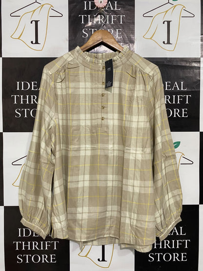 M&S |XL| BUST 23| A65| NEUTRAL PLAID RUFFLE-COLLAR TECHNICAL UTILITY SHIRT