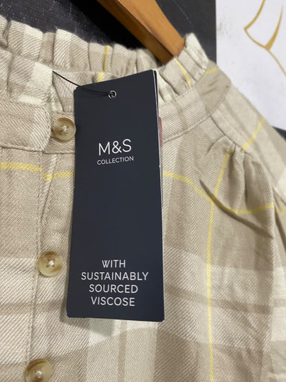 M&S |XL| BUST 23| A65| NEUTRAL PLAID RUFFLE-COLLAR TECHNICAL UTILITY SHIRT
