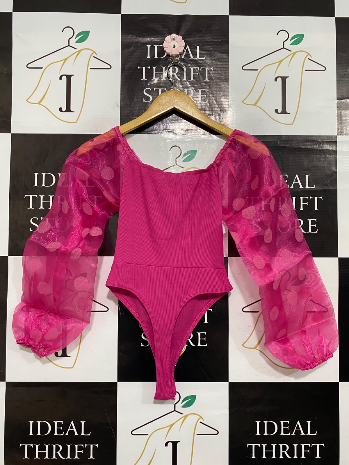 BOOHOO |XS| BUST 13| A64| MAGENTA RIBBED-BODICE SHEER SPOT-SLEEVE TECHNICAL UTILITY BODYSUIT